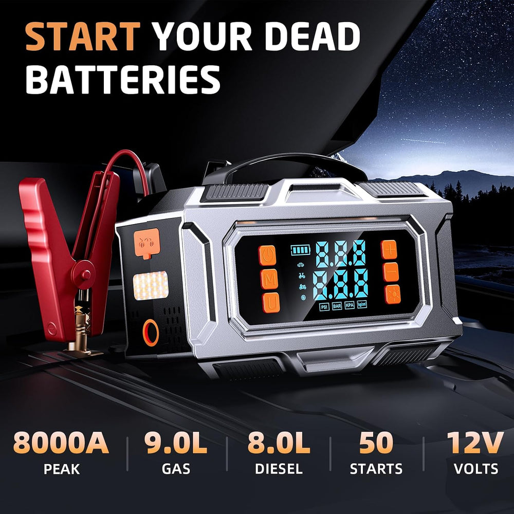 8000A Jump Starter with Air Compressor, 180PSI Auto-Shutoff Tire Inflator