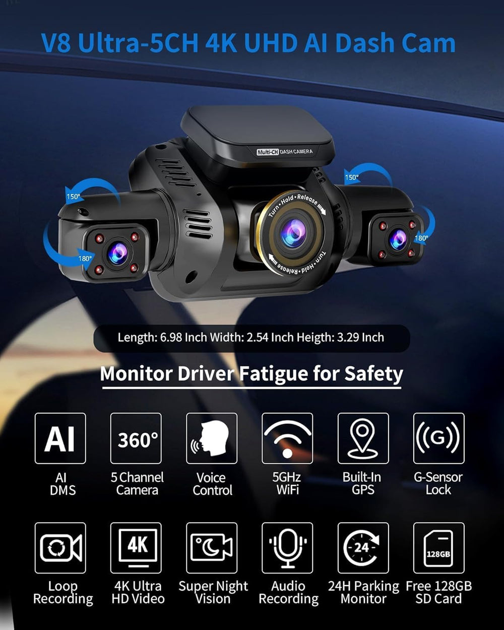 360° View 5 Channel Dash Cam Front and Rear, 4K Camera for Car