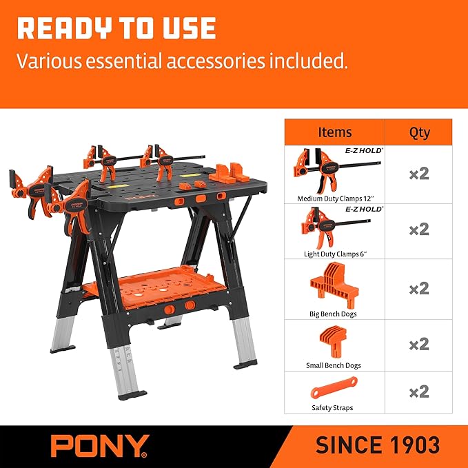 Pony Portable Folding Work Table, 2-in-1 as Sawhorse & Workbench, 31” W×25”