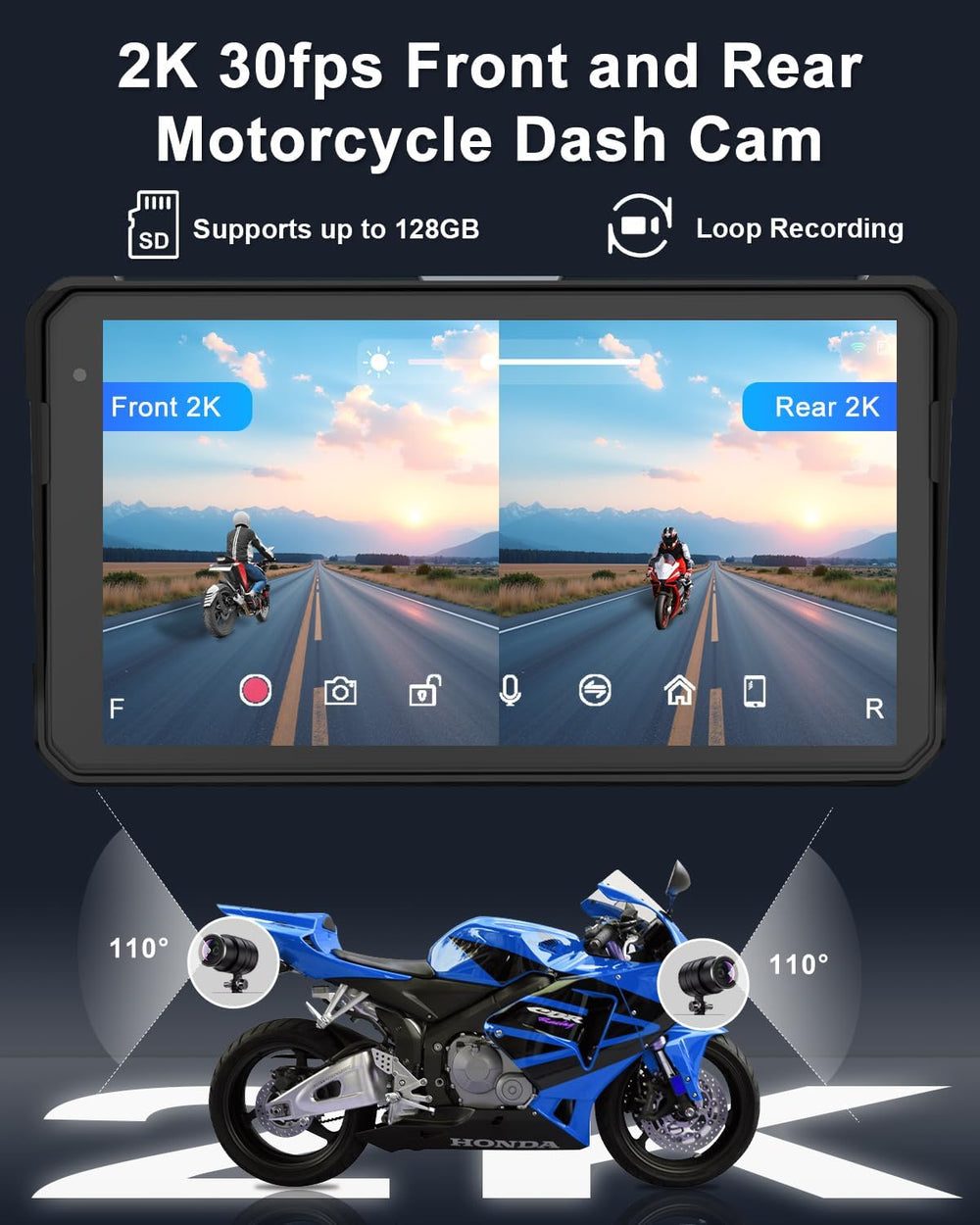 60Hz Motorcycle Carplay Screen, 2K 30FPS Motorcycle Dash Cam Front and Rear
