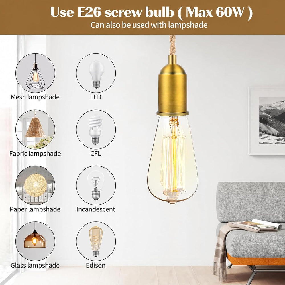 Pendant Lamp Cord 15FT Hemp Rope, Plug in Light Kit, 2-Pack