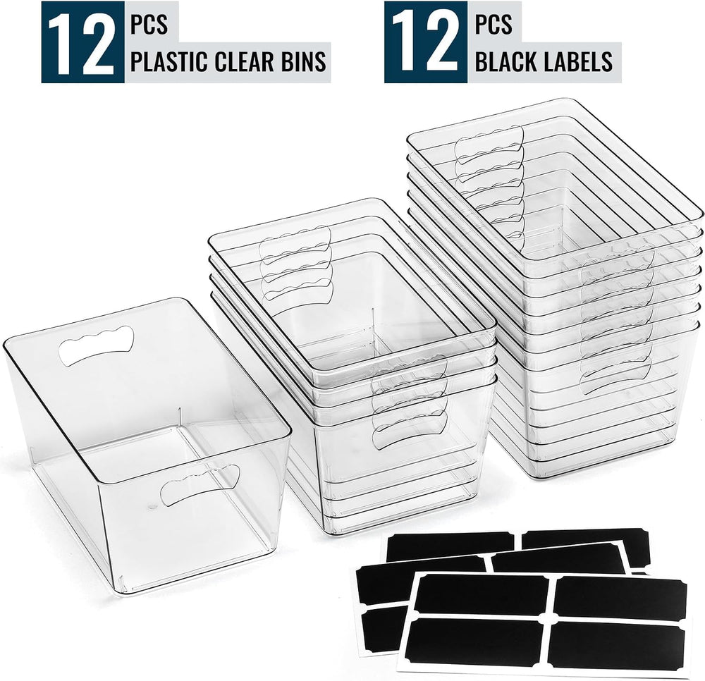 12 Pack LARGE Multi-Use Clear Storage Bins, Pantry Kitchen Organizer Bins