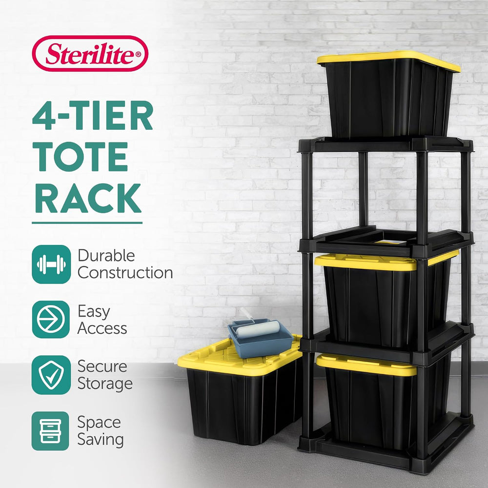 Sterilite 4-Tier Tote Rack with 4-Pack 27 Gallon Industrial Storage Totes
