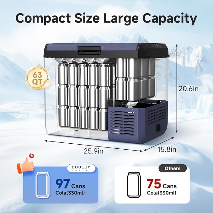 BODEGACOOLER 12v Car Refrigerator, 63QT IPX4 Waterproof Electric Cooler