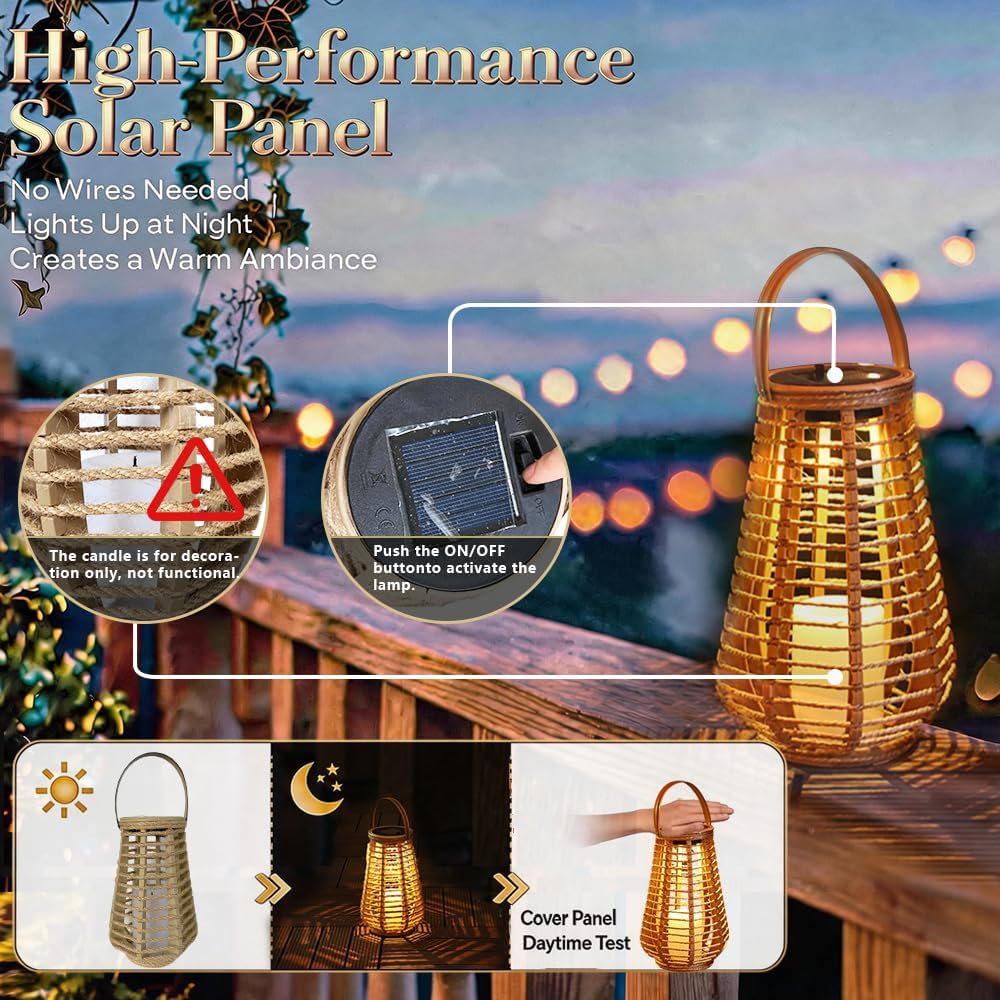 2 Pack Solar Lanterns Outdoor Waterproof, Hand-Woven Hemp Rope,10x5.5 Inch