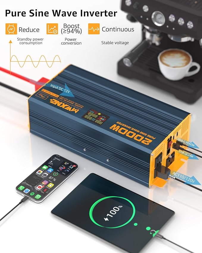 2000W Pure Sine Wave Power Inverter DC 12V to 110V 120V AC