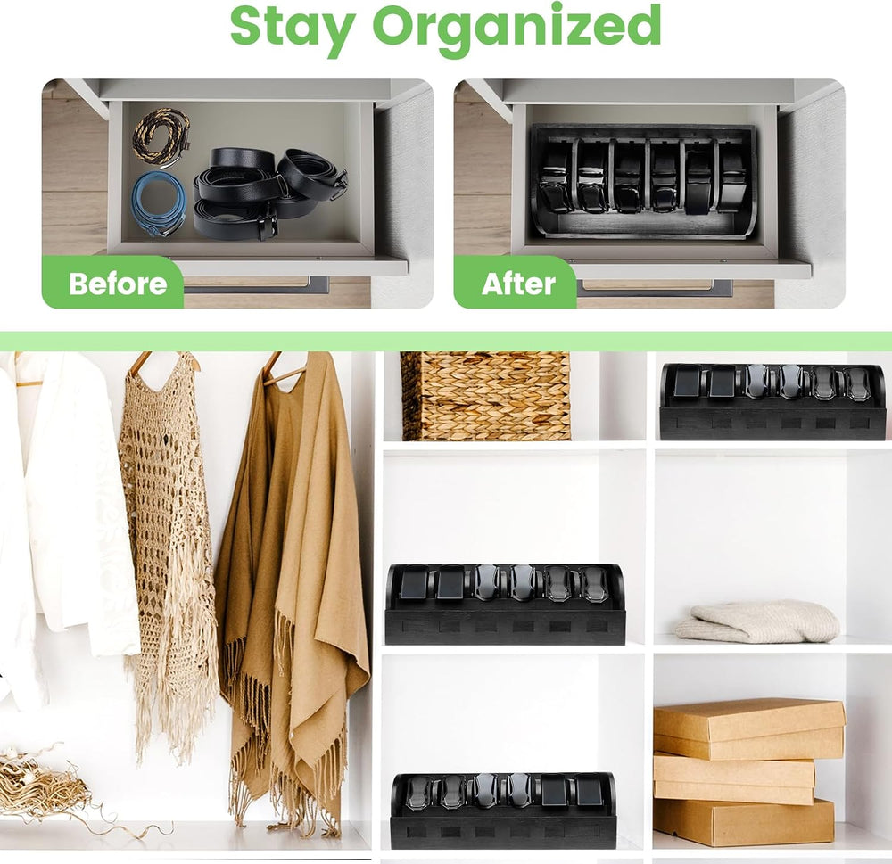 Large Adjustable Bamboo Belt Organizer Box, 6 Grids Belt Rack (Black)