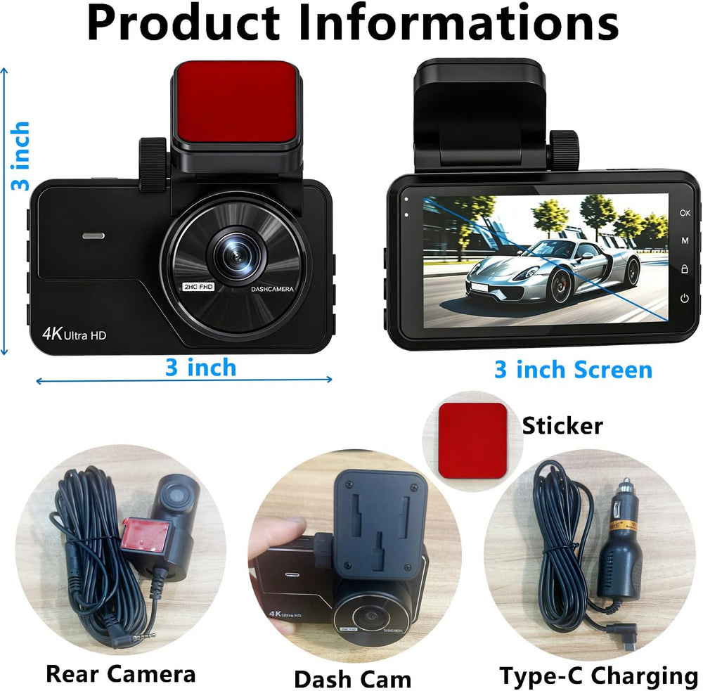 Dual Dash Cam Front and Rear, 4K+2K Dash Camera for Cars, Front Rear Dashcam ...