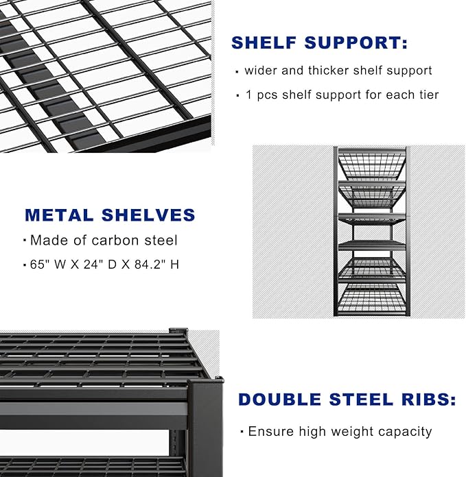 65" W Garage Shelving Heavy Duty, 6 Tier Garage Shelves, Adjustable Stor...