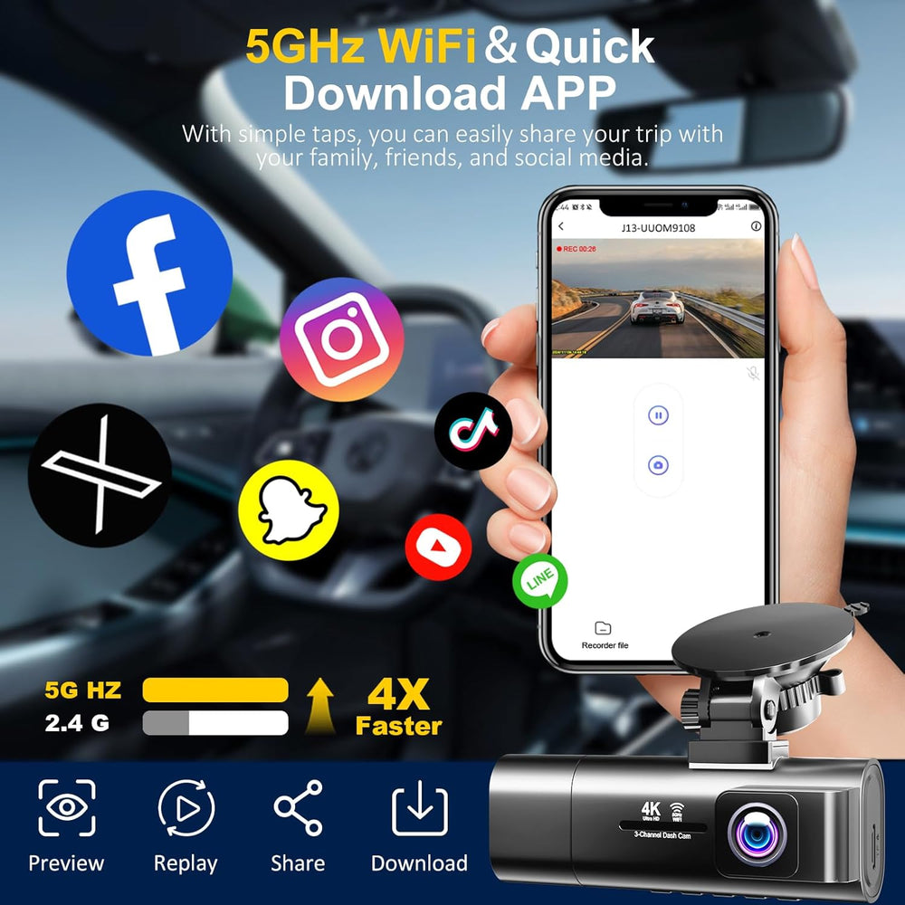 4K Dash Cam Front and Rear Inside,3.16" IPS,3 Channel Dash Cam for Car w...