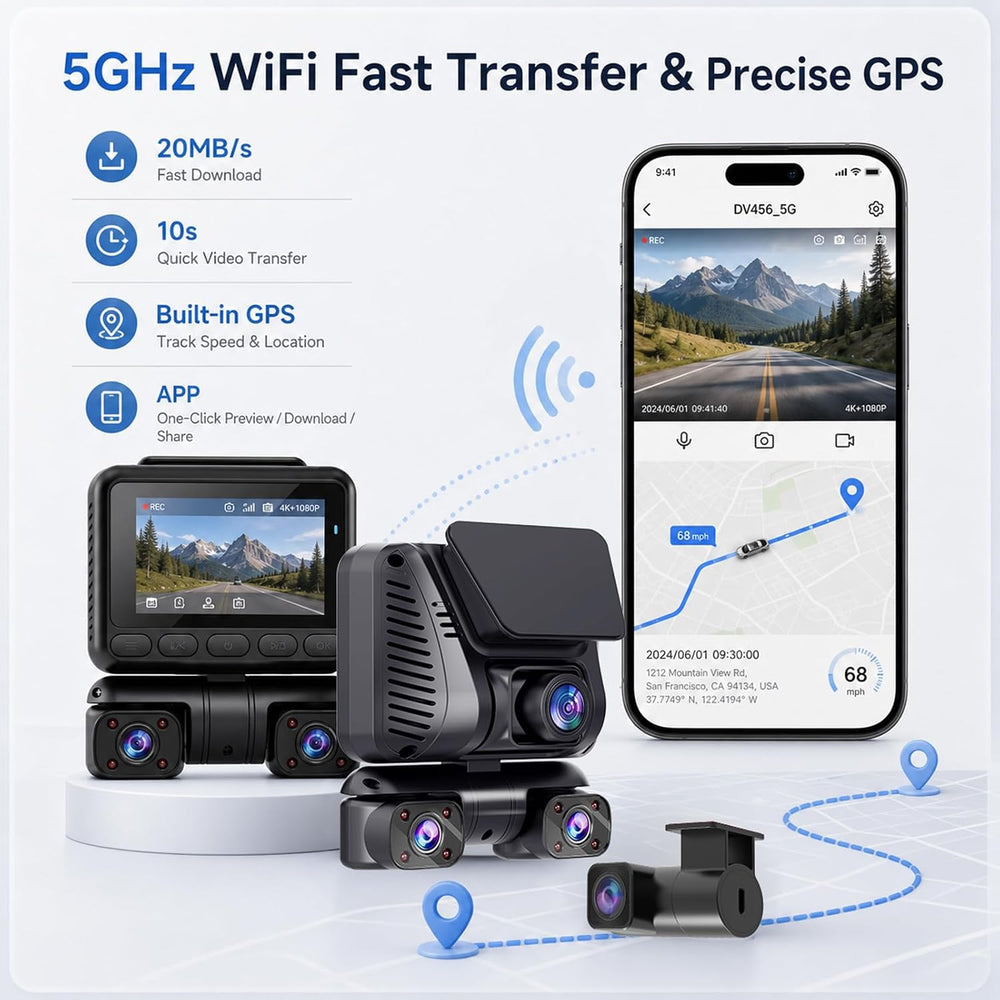 4K 4 Channel Dash Cam Front and Rear Inside Left Right, 360° View Wireless Ca...