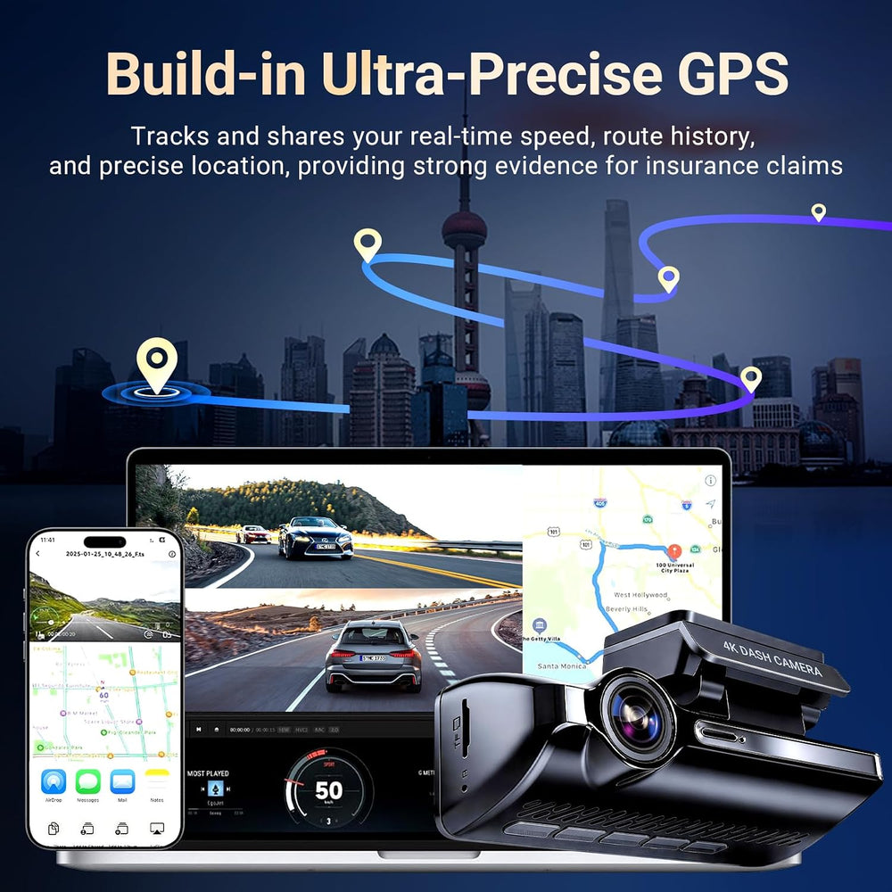 4K Dash Cam Front and Rear, Car Dash Camera with Built-in GPS, 5GHz WiFi, Nig...