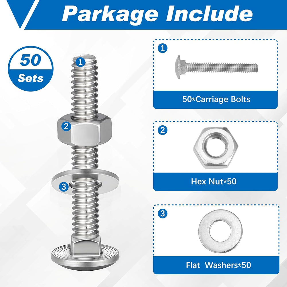 Zonon 50 Sets 5/16-18 x 2" Carriage Bolts and Nuts Kit,Silver
