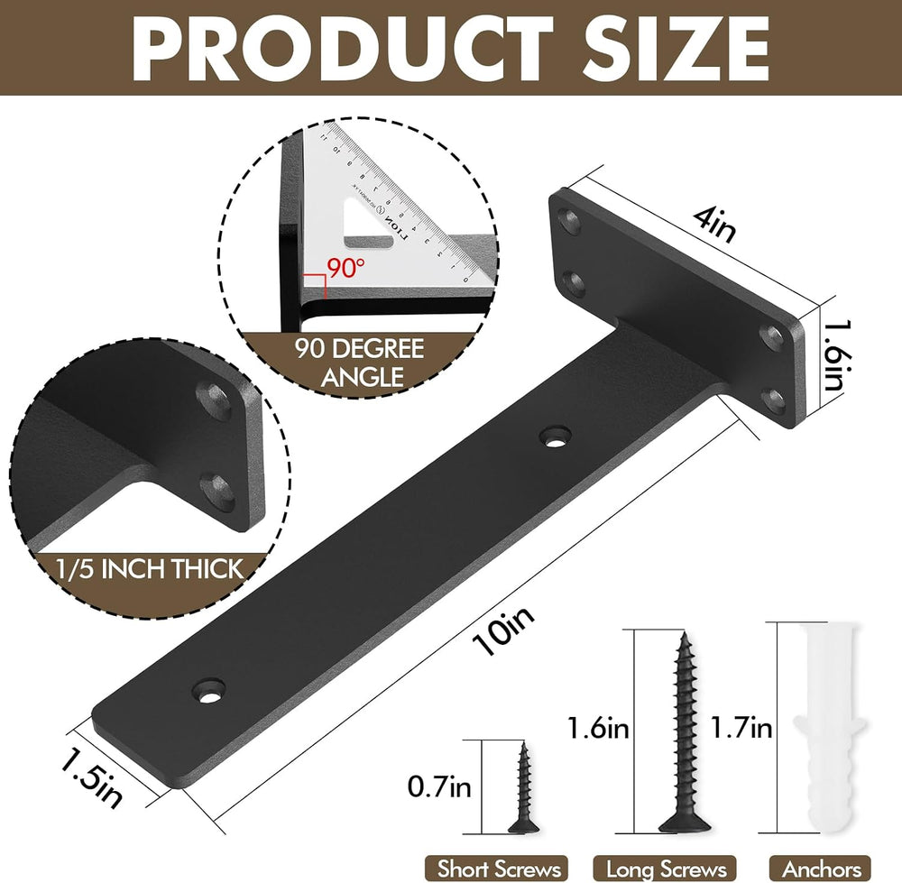 4 Pack Heavy Duty Metal Shelf Brackets 10 inch Long,Black