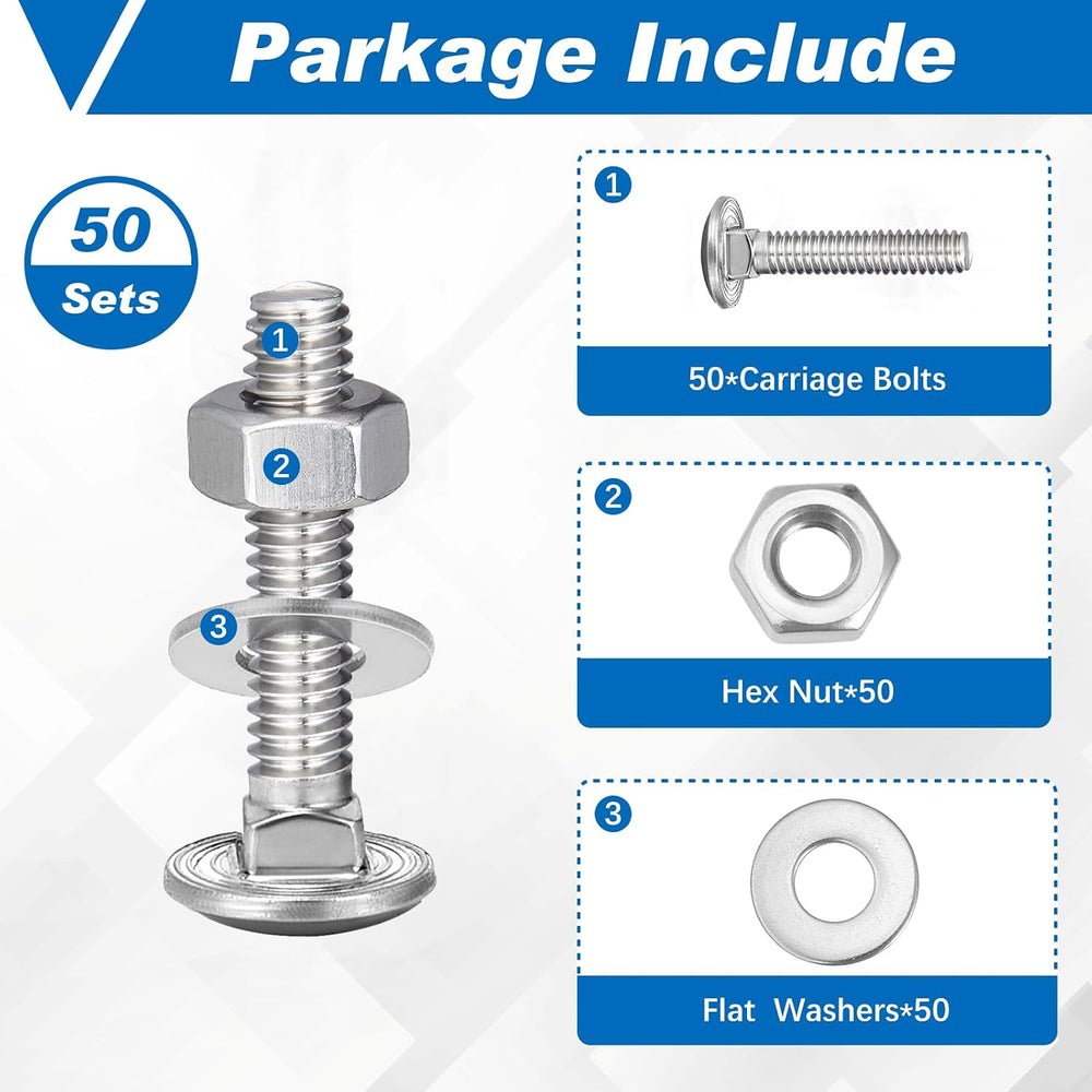Zonon 50 Sets 3/8-16 x 2 Carriage Bolts and Nuts Kit,Silver