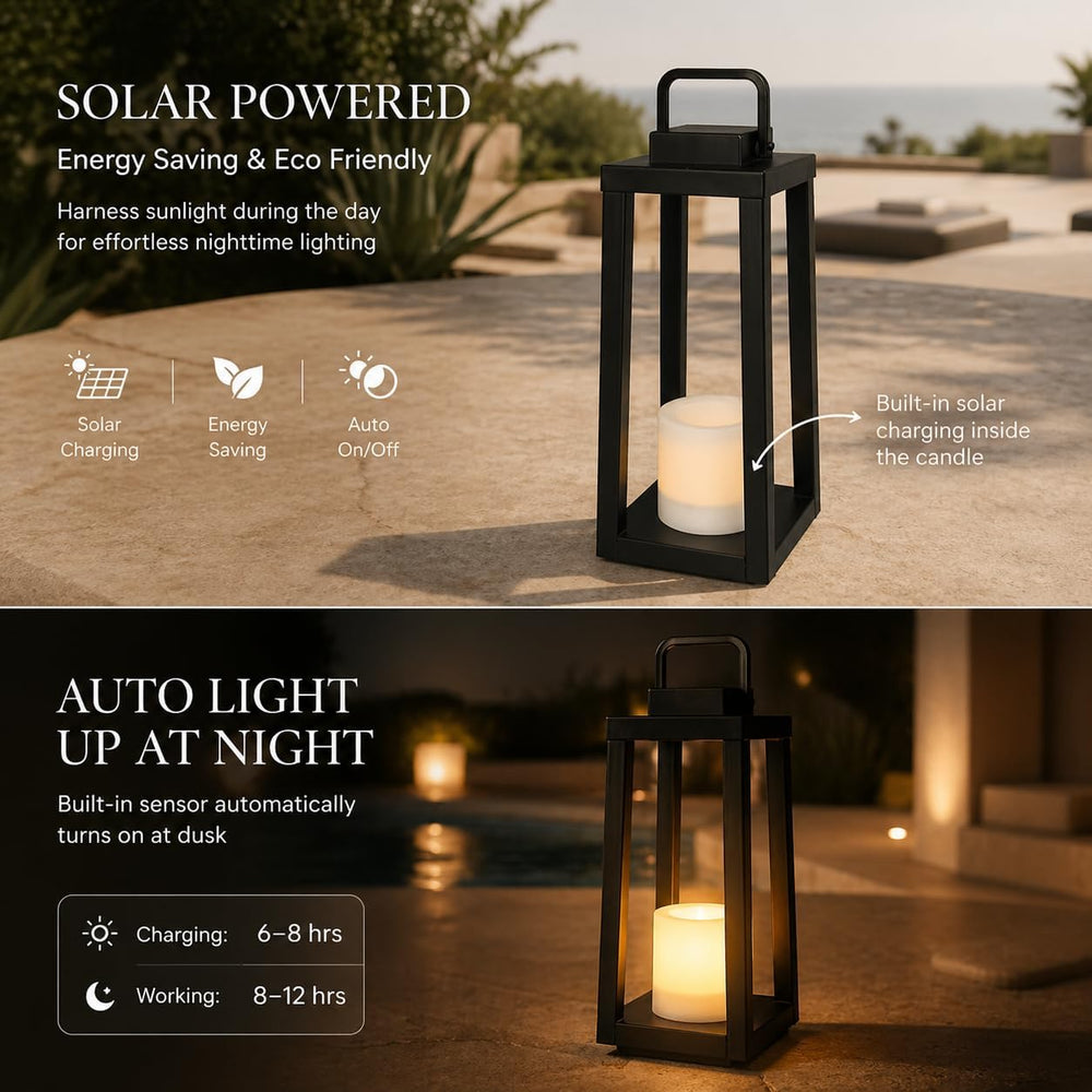 H16 Modern Outdoor Solar Lantern Black Metal Frame with Flickering LED Candle...