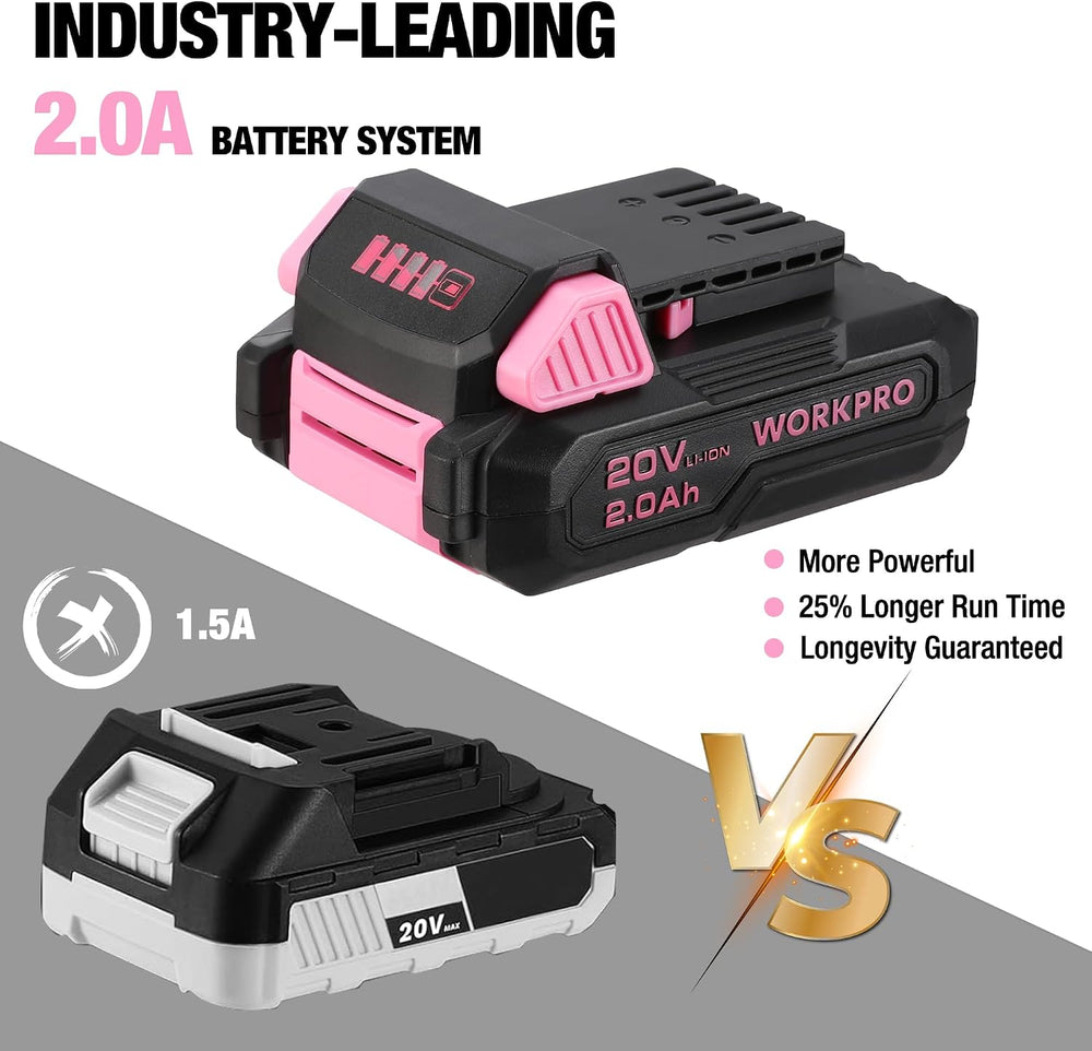 WORKPRO 20V Pink Cordless Drill and 141-Piece Home Tool Kit for Women
