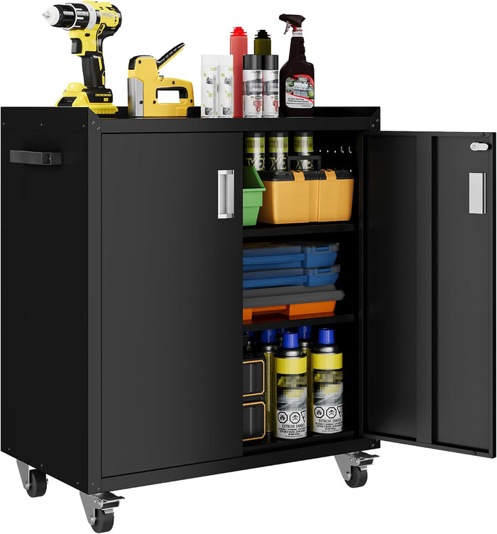 LCAOPC Metal Storage Cabinet with Wheels - Lockable, Rolling Tool Cabinet for Home, Office, Garage & Workshop - Black
