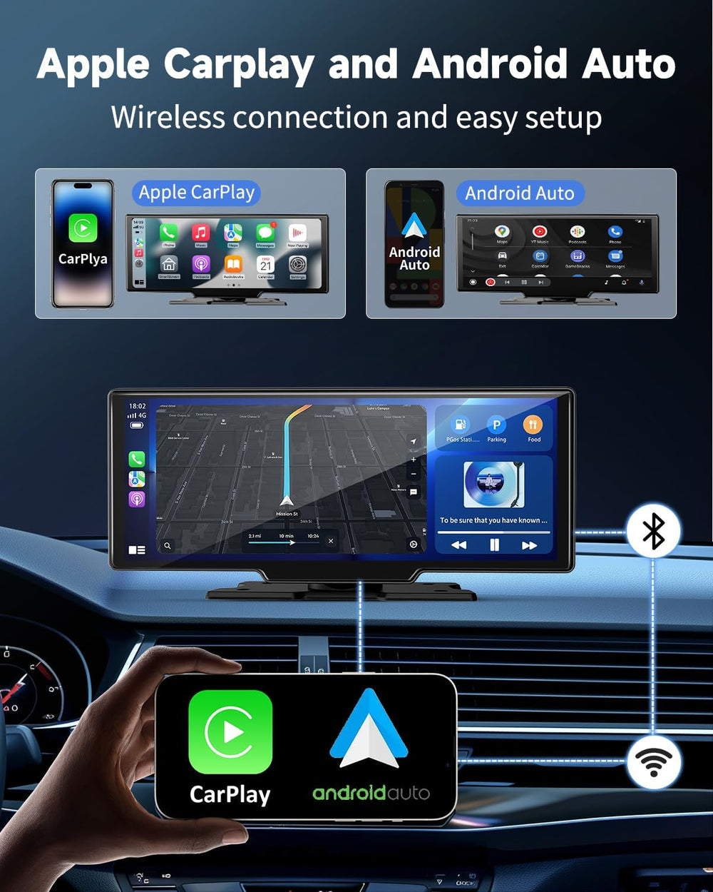 10.26" Wireless Carplay Screen for Car with 4K Dash Cam, Portable Apple ...