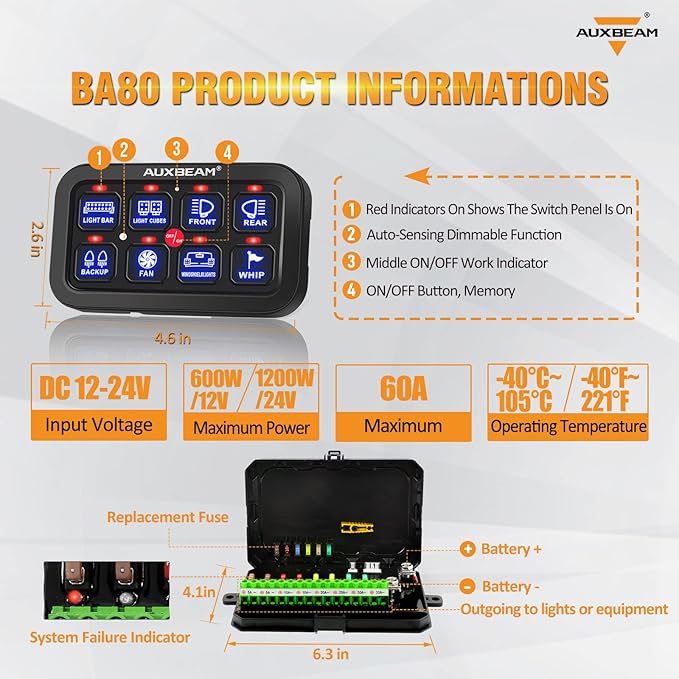 Auxbeam 8 Gang Switch Panel BA80, Universal Circuit Control Relay System Box
