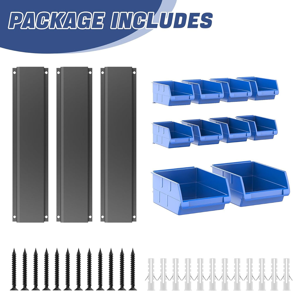 WALMANN Wall Mounted Storage Bins for Small Parts, 10 Bins with 3 Rails