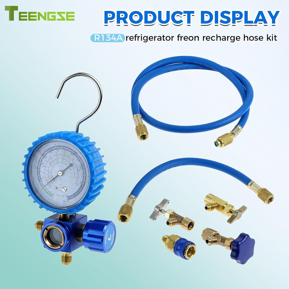 R134A AC Refrigerant Recharge Kit Single Gauge w/ 3 Brass Can Taps Coupler