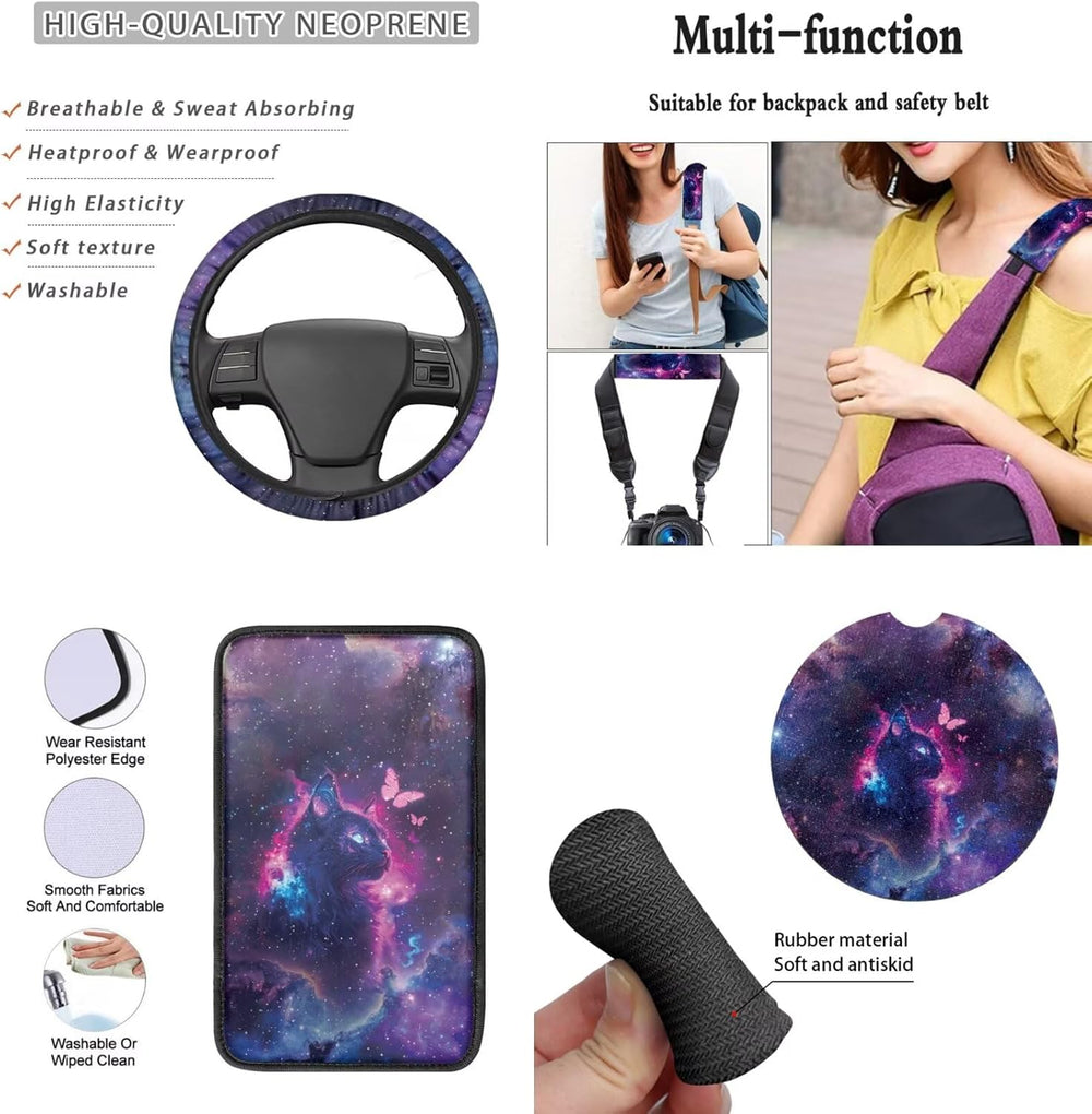 Cute Cat Print Seat Cover for Cars Full Set, Butterfly Galaxy Print Front and...