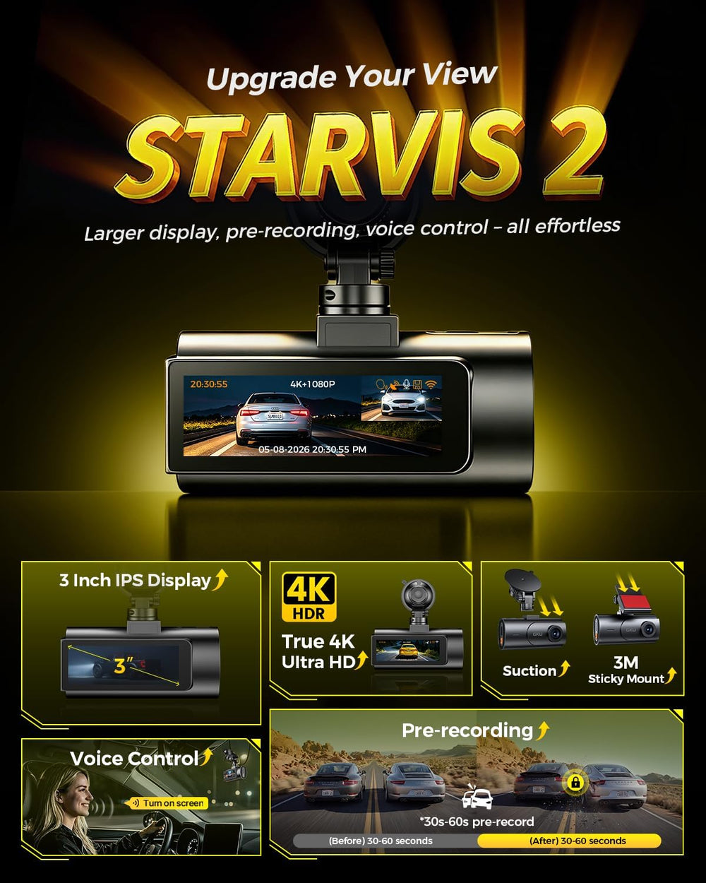 GKU 4K Dual Dash Cam Front and Rear Camera, STARVIS 2 Sensor