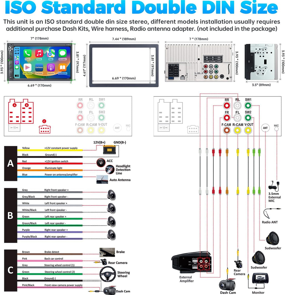 Upgrade Wireless Double Din Car Stereo with Apple Carplay, Android Auto, Dash...