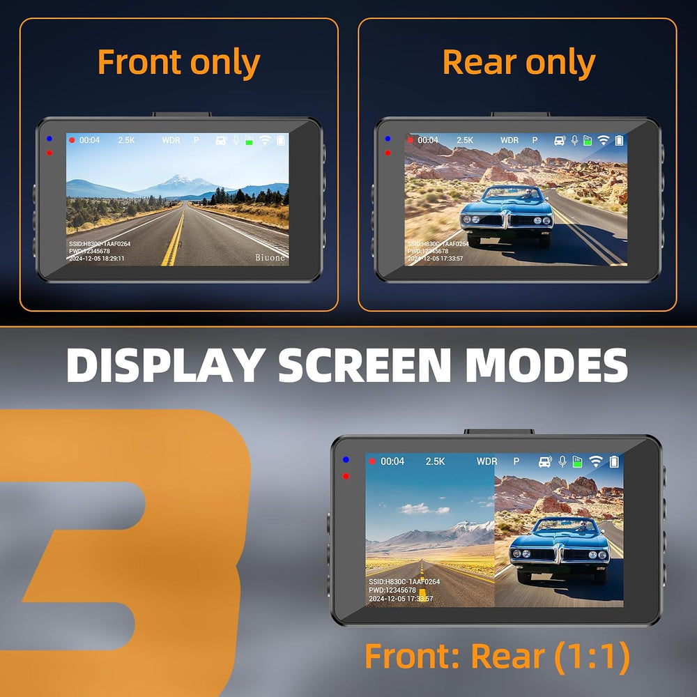 Dash Cam Front and Rear, 2.5K+1080P, WiFi App, 64GB Card