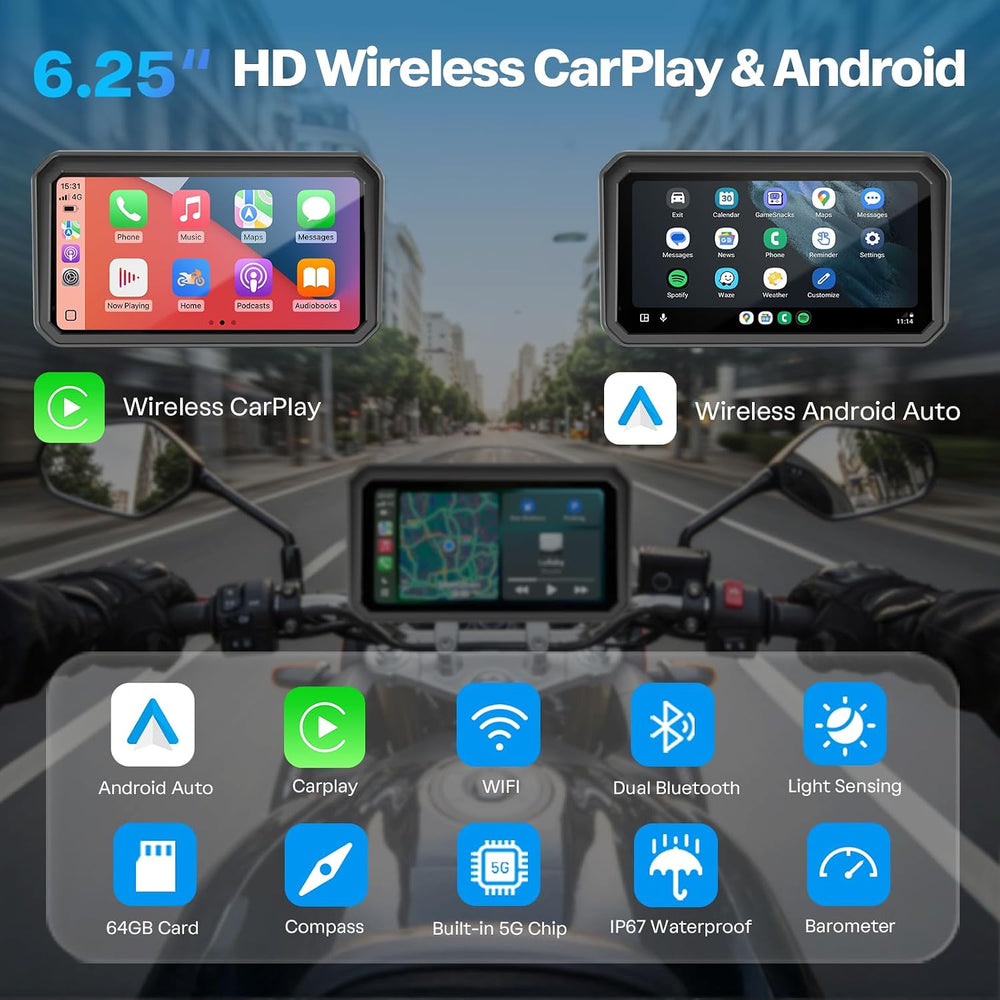 Motorcycle CarPlay Screen with Android Auto – 6.25” Waterproof GPS Pantalla p...
