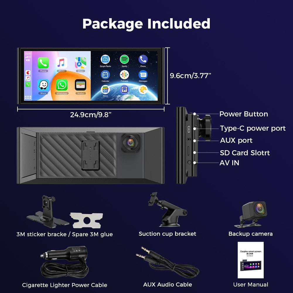 9.26" Wireless CarPlay Screen with 4K+1080P Dual Dash Cam Front and Rear