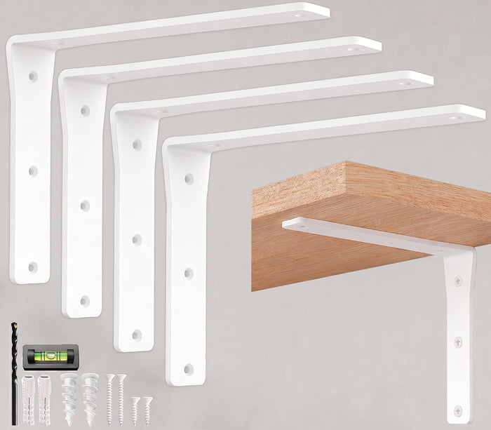 4 Pack Heavy Duty White Shelf Brackets 12 Inch by Balin Designs – Decorative L Bracket for Shelves, Metal Shelf Support Bracket, Wall Mounted Countertop Iron Corbels, Floating Shelving Brackets