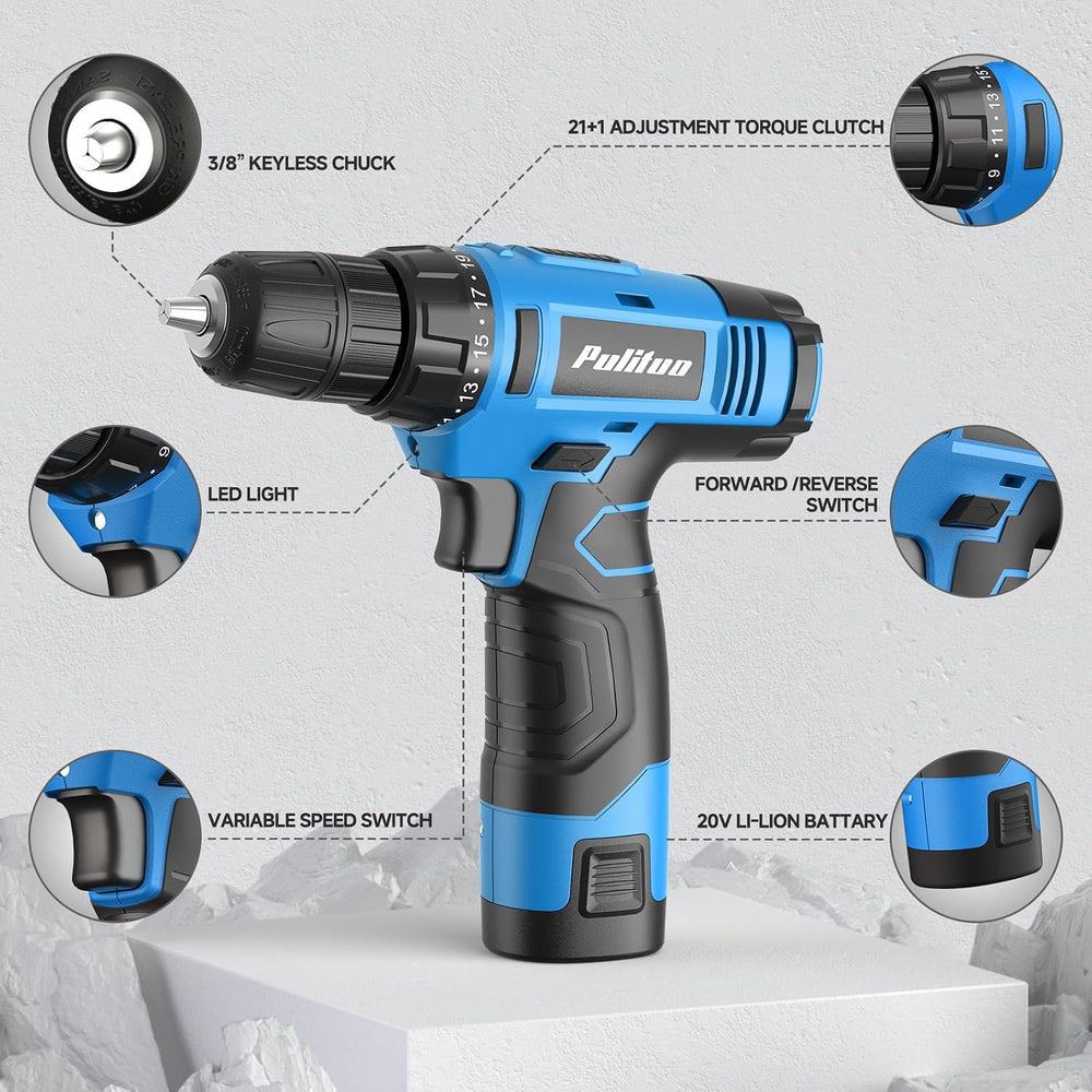 PULITUO Tool Set, 149-Piece Home Drill Set with Blue 12V Cordless Drill, Tool...