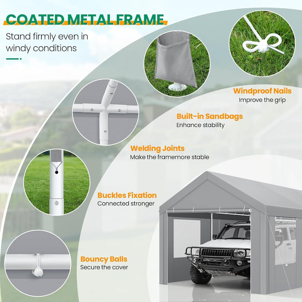 10x20 FT Heavy Duty Carport with Galvanized Frame，Gray