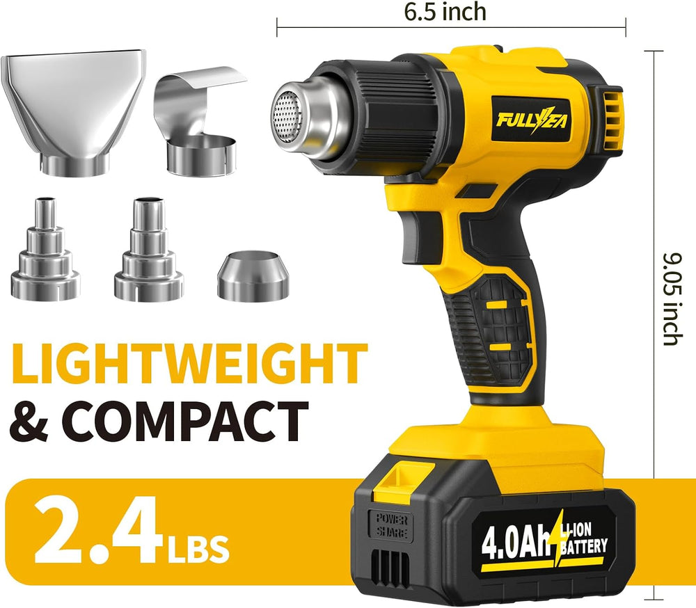 FULLYEA Cordless Heat Gun Max 1022℉, Portable Kit with 2x4.0Ah Batteries