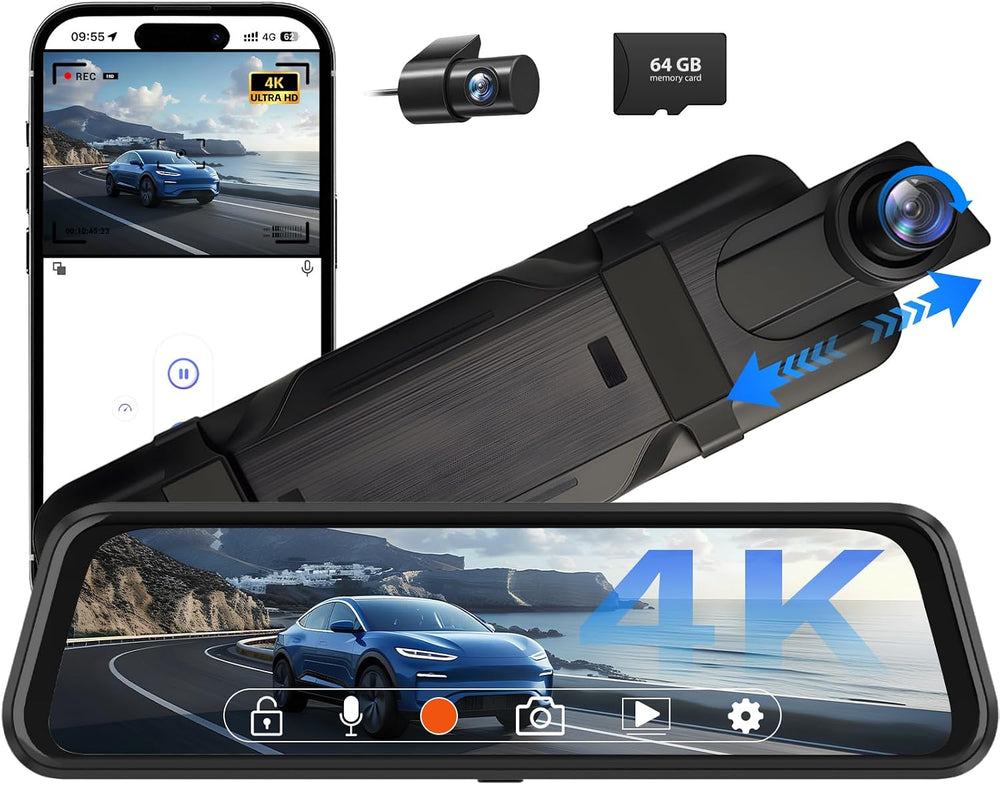 4K Rear View Mirror Camera, 10" Mirror Dash Cam Front and Rear