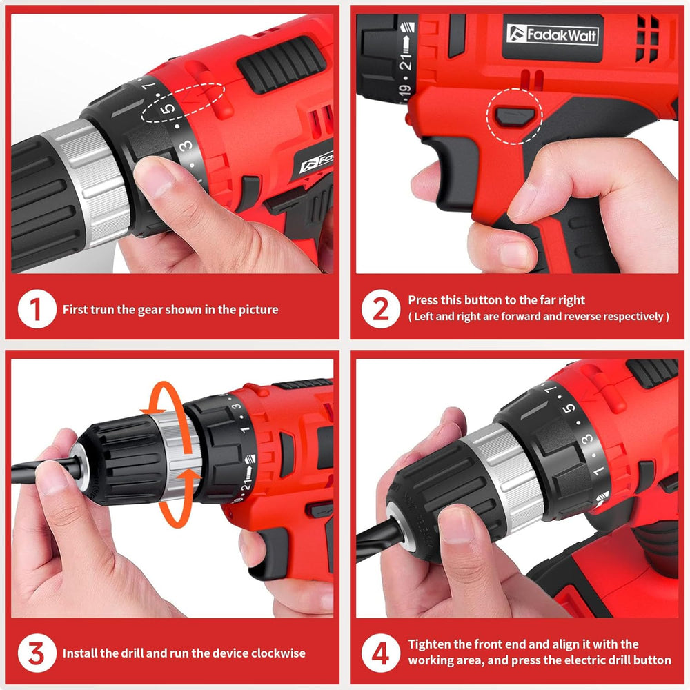 FADAKWALT Cordless Drill Set, 20V Electric Power Drill With Battery And Charg...