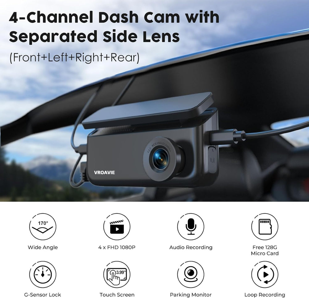 4 Channel 360° Dash Cam Detached Side Cameras, 4" Touch Screen
