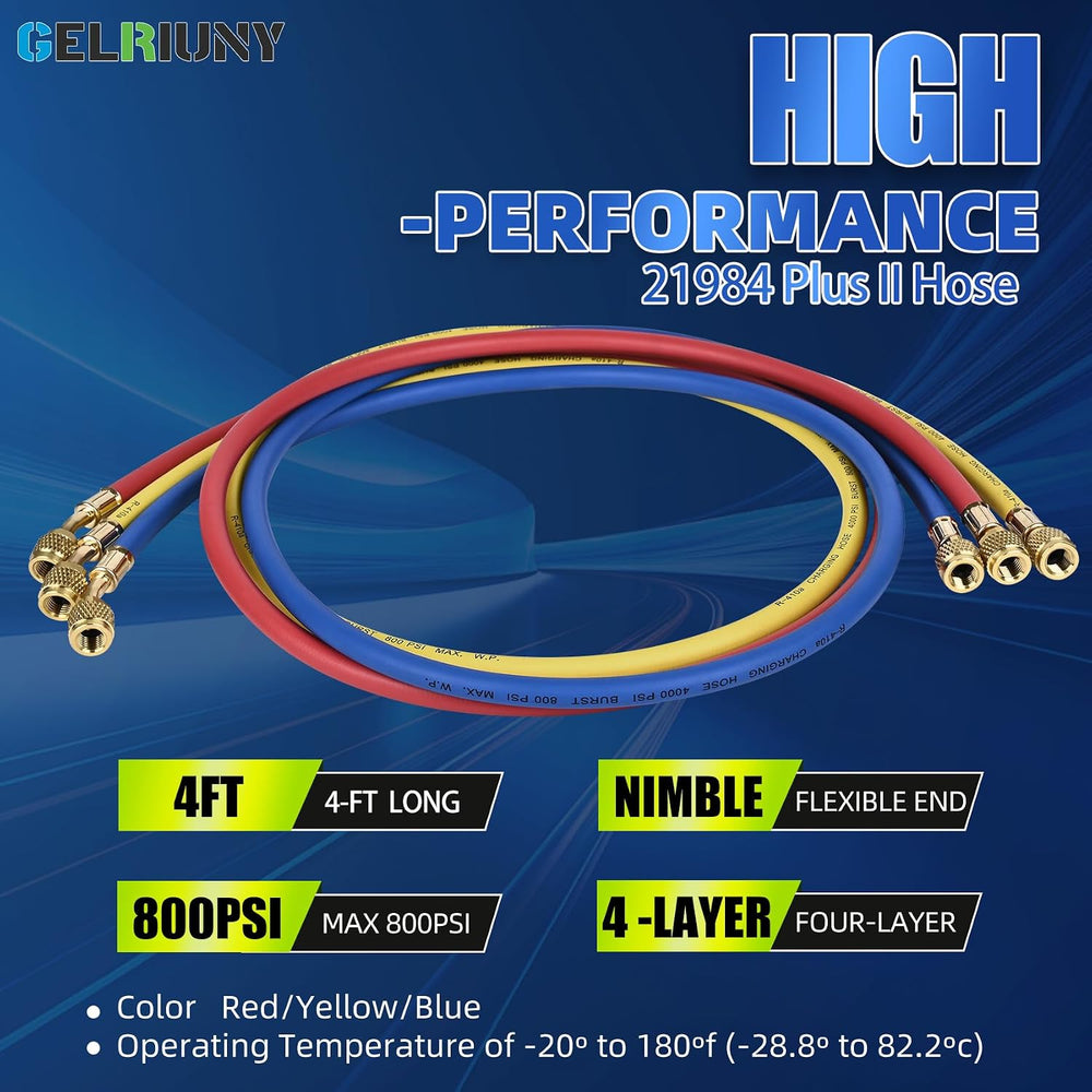 Upgrade 21984 Plus II 1/4" Refrigerant Charging Hose, R134a Adapters, 48”