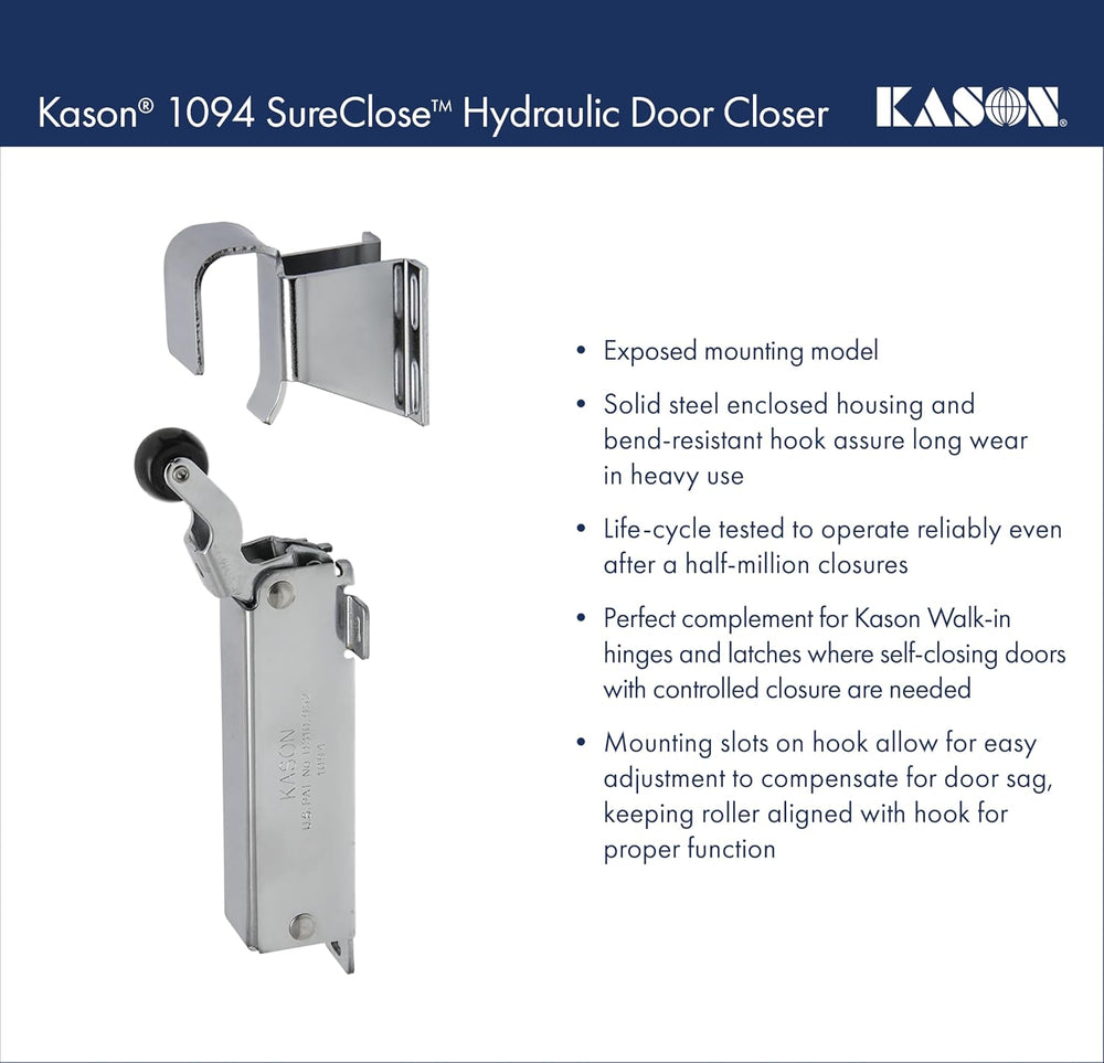 Kason 1094 SureClose Hydraulic Door Closer and Hook, Exposed Mounting, Adjust...