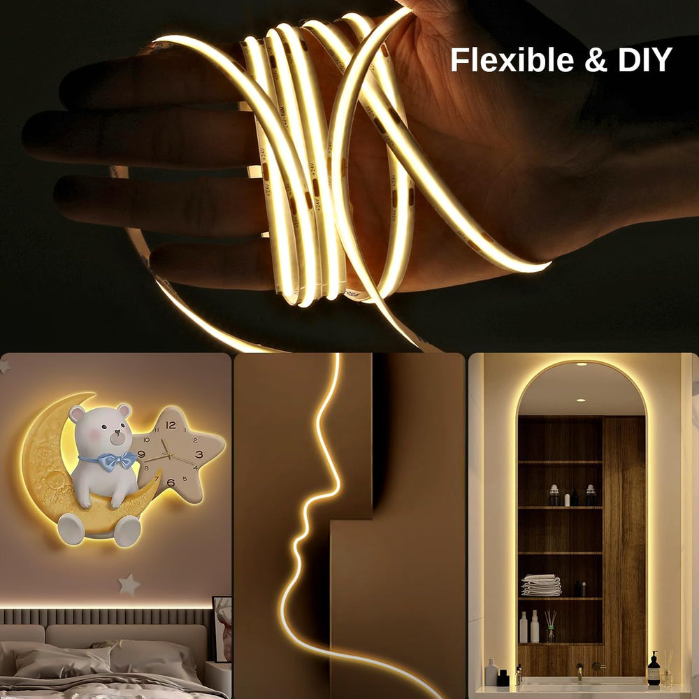 66ft COB LED Strip Lights 3000K Warm White Dimmable DC 24V UL Power Supply