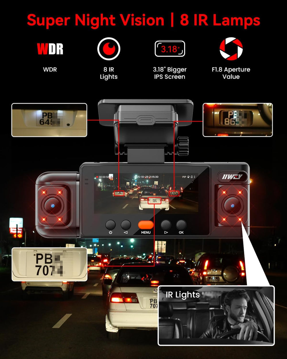 IIWEY N6 360° Dash Cam 4 Channel, Free 128GB Card, 8 IR Lights Night Vision