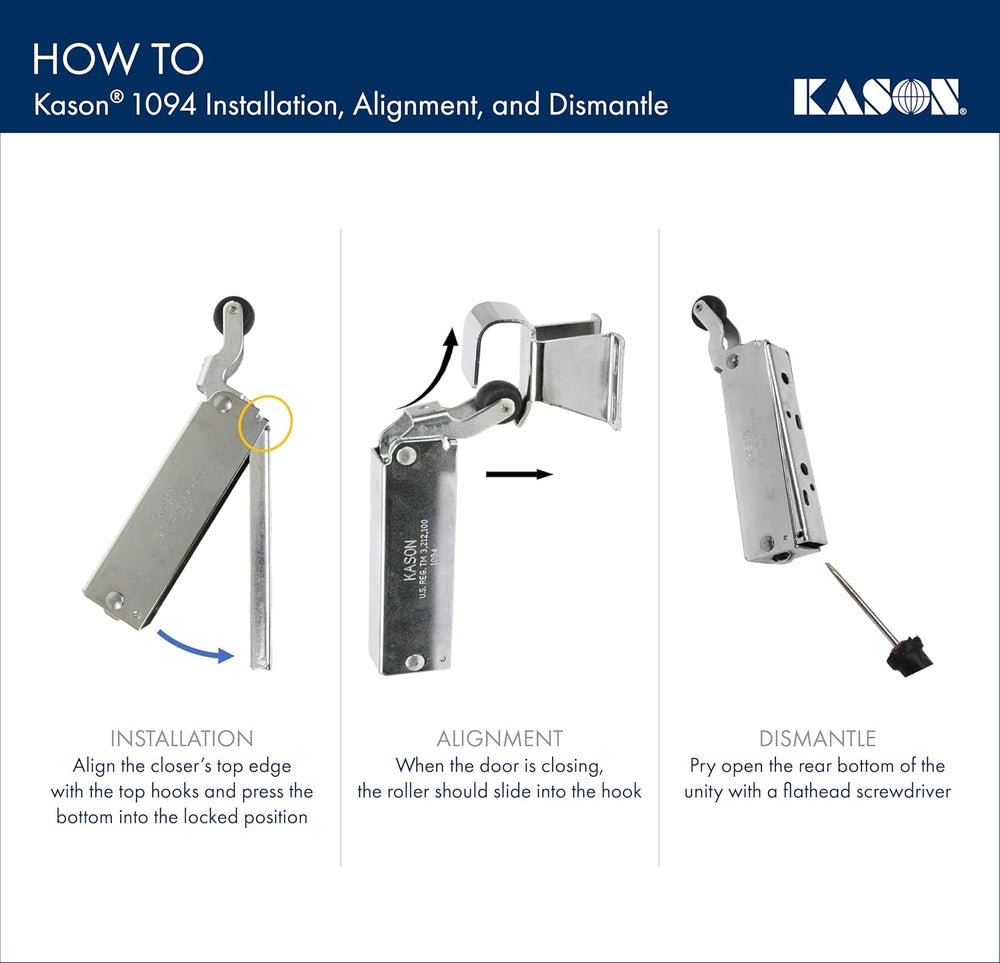 Kason 1094 SureClose Hydraulic Door Closer and Hook, Exposed Mounting, Adjust...