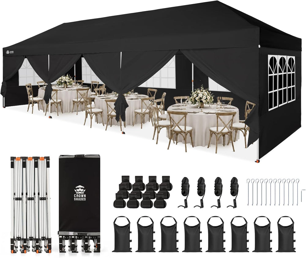 CROWN SHADES 10X30 Pop Up Canopy Tent with Sidewalls, Instant Setup, Black