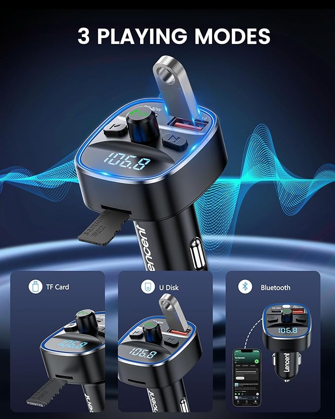 LENCENT Bluetooth 5.4 FM Transmitter Car Adapter 48W Wireless Radio Music