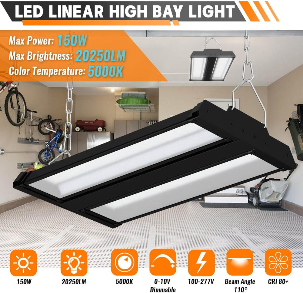 LED Linear High Bay Shop Light 2-Pack, 150W 20250LM 0-10V Dimmable 5000K Dayl...