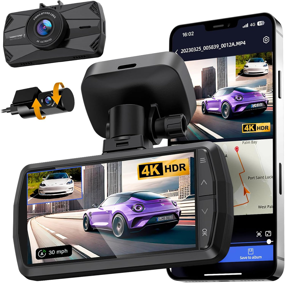 4K Dash Cam Front and Rear, Built-in WiFi GPS, 3" IPS Screen
