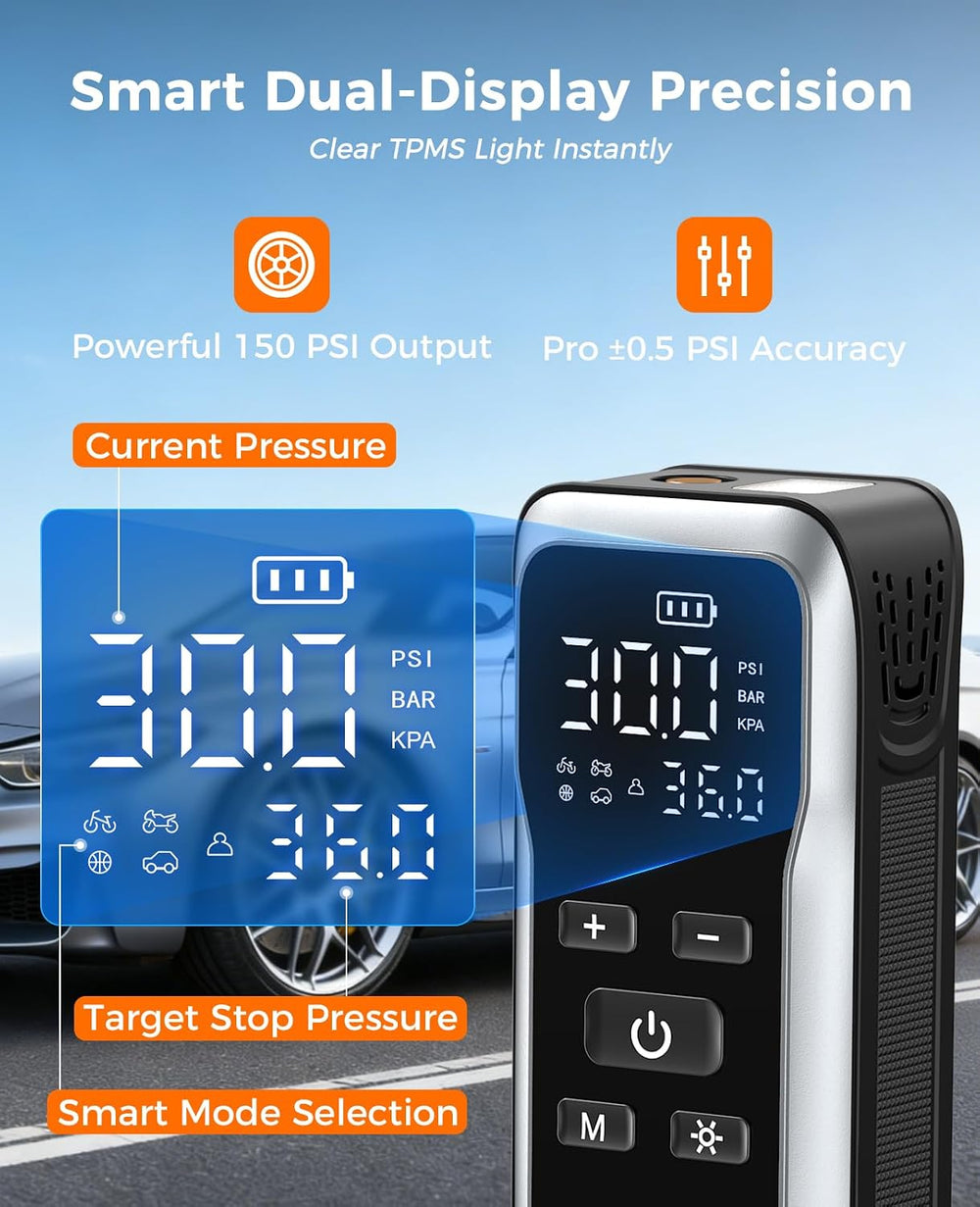 Tire Inflator Portable Air Compressor, Dual Power Air Pump