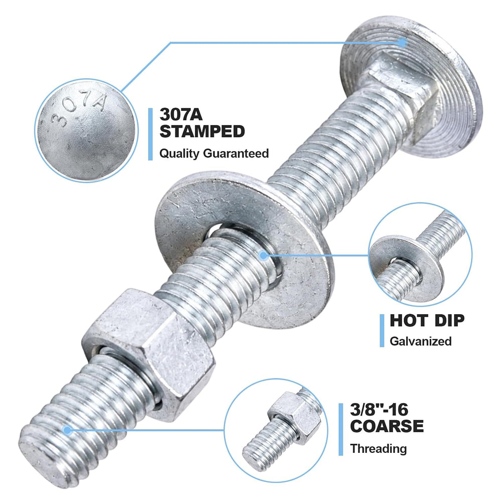 3/8" x 4" Carriage Bolt Kit 50 Pack, Grade 307A, Hot Dip Galvanized...